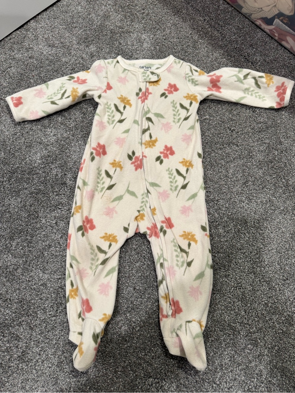 Carter's fleece Cream Footed One-Piece Pajama with Pink and Yellow Floral Print